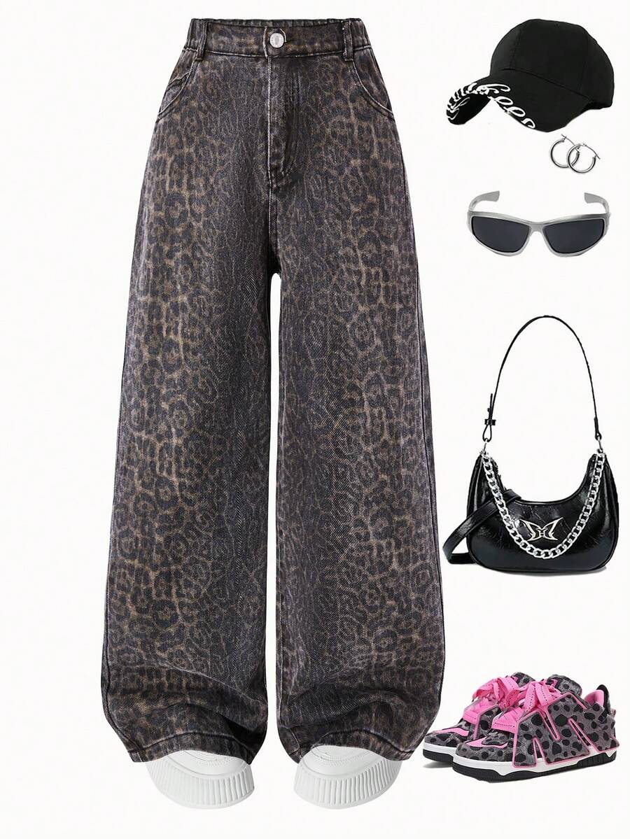 Tween Boy Pocket Loose Fit Leopard Print Wide Leg Jeans - Black - View 1