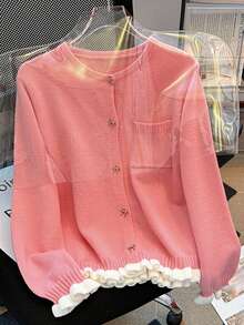 Cárdigan de punto con bolsillo, lazo, botones y contraste de color, estilo casual para mujer, otoño/invierno - Rosa - Ver 4