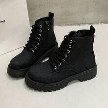 大码女式秋冬新款欧美风牛仔厚底靴，复古踝靴 - 黑色 - 查看 17