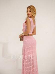 Women's Long Knit Dress Party Lace Lined Cutout At The Waist New Year's Eve Dress Christmas White Red Olive Green - 淺粉色 - 查看 2