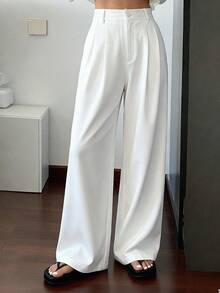 Livesso 女士纯色休闲阔腿裤，秋季服装 - 白色 - 查看 1