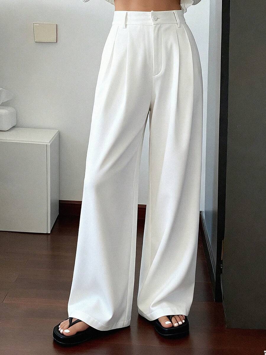 Livesso 女士纯色休闲阔腿裤，秋季服装 - 白色 - 查看 1