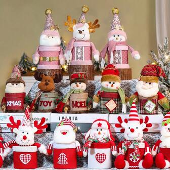 Figuras decorativas de Navidad vintage de duende, muñeco de nieve, Papá Noel y reno con patas de resorte extensibles y patrón de cuadros de copos de nieve, adecuadas para la decoración de fiestas navideñas