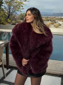 女式勃艮第红毛绒领短款夹克，适合秋冬户外穿着 - 酒紅 - 查看 3