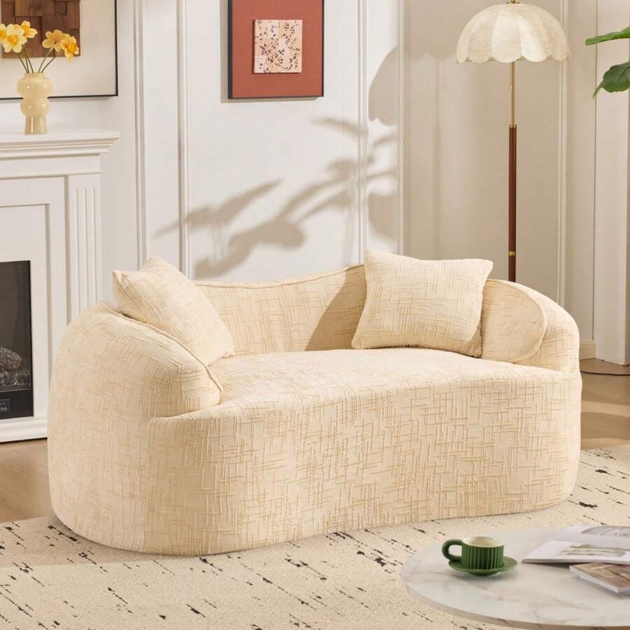 VelacasaBoneless Loveseat Sectional Sofa For Small Spaces – Modern Luxury Plush Chenille Curved Cloud Design, Extra Deep Seat, 2 Throw Pillows, No Assembly, Sectional Couches For Living Rooms, - Màu be + Mút + Lò xo + 2 chỗ ngồi + Tối giản - Xem 1