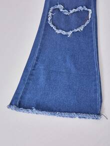 女童前口袋破洞裤脚牛仔裤，休闲Y2K复古喇叭弹力牛仔裤，适合日常穿着 - 藍色 - 查看 8