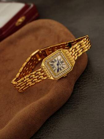 1pc New French Elegant Fashion Rhinestone Waterproof Women's Watch, Vintage Casual Exquisite Square Dial Quartz Watch, Stainless Steel Strap, Available In Gold And Silver, Suitable For Daily Life And Outdoor Gatherings