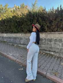 High Waisted Drawstring Wide Leg Sweatpants | Heather Grey Loose Lounge Trousers - Grey - View 2