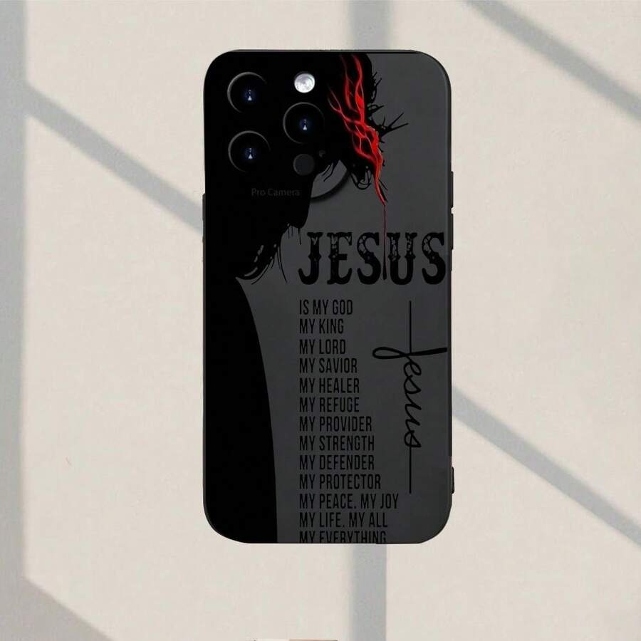 Jesús Es Mi Dios Patrón Nuevo Vende Bien Clásico Creativo Divertido Funda Protectora Antigolpes de Cámara TPU para iPhone7/8/11/12/13/14/15/16pro/16Plus/16Promax/X/Xs Max/Xr/Se/Mini Adecuada para Niños y Niñas - Negro - Ver 1