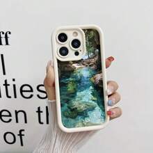 Cubierta de telefono con borde negro y diseño de arroyo cristalino en bosque para iPhone 14 Pro Max Protector de pantalla con impresion natural para uso diario y viajes - Café integral - Ver 3