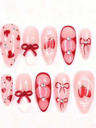30片手工制作的杏仁形短款美甲贴片，配有3D蝴蝶结、美甲水钻和草莓图案，优雅设计，适合女性和女孩佩戴。情人节美甲贴片，美甲用品。