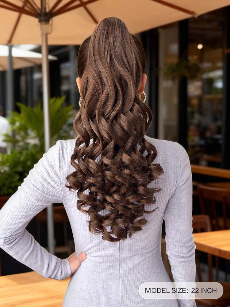 20-24 Inch Long Wavy Synthetic Hair Ponytail Extensions, Claw Clip On, Light Brown Color, Suitable For Daily Wear