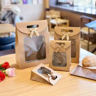 20pcs/10pcs/1pc-Simple And Stylish Flip-Top Gift Bag With A Bow, Transparent Packaging Bag, Gift Bag With Butterfly Decoration, Floral Display Bag, Flip-Top Gift Bag With Adhesive Transparent Window, Small Brown/White Gift Bag, Suitable For Home Storage,