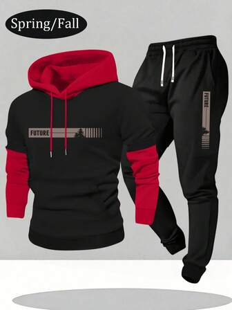 2-Piece Set: New Fall/Winter Men's Long-Sleeve 2 In 1 Hoodie With Pockets, Letter Print Design, Elastic Waist Drawstring Pants - Casual Sportswear For Travel, Vacation, Fitness, Running, Couple Coordinates