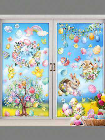 9张装 - 复活节窗贴，复活节兔子彩蛋鲜花窗贴，复活节装饰品，卡通可爱复活节彩蛋树兔子窗贴双面春季彩色花环蝴蝶贴纸，适用于节日商店家居玻璃展示装饰，也适用于家庭办公室商店展示派对装饰