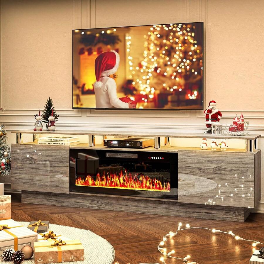 [2 Packages Shipping]80"Fireplace TV Stand With 36" Electric Fireplace, Stainless Steel Pipe, Modern 80 Inch 2 Tier TV Console Stand For TVs Up To 80", LED Light Entertainment Center With Storage Cabinets - 查看 1