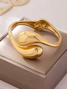 1pc Fashionable Minimalist Thick Solid Gold Teardrop Shaped Bangle Bracelet, Suitable For Women's Daily Wear - Yellow Gold - View 2