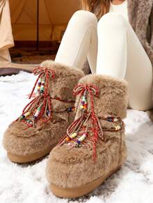 Winter Faux Fur Snow Boots Women Chunky Heel Lace Up Fuzzy Fluffy Beaded Y2k Sweet Dress Outdoor Warm Ankle Short Booties - 駝色 - 查看 1