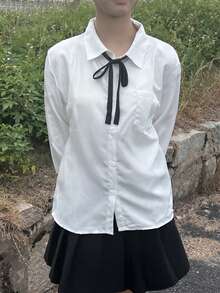 一套日系甜美可爱学生制服套装 - 宽松长袖上衣 + 修身百褶裙 + 领带，学生角色扮演服装套装，适合拍照、毕业典礼、花园约会、浪漫晚餐、俱乐部、化装舞会、情人节等场合。 - 彩色 - 查看 6