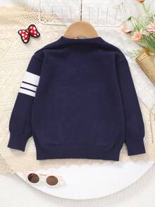 Baby Girls Blue Retro Elegant V-Neck Design Bear Pattern Knitted Cardigan Jacket With Dual Pockets, Suitable For Outings And Gatherings, Dignified And Steady Yet Chic - Navy Blue - View 7