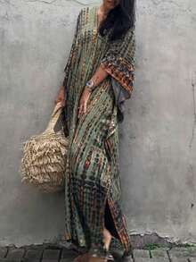 时尚优雅的数码复古印花V领休闲连衣裙，适合女士度假春季穿着。 - 綠色 - 查看 5