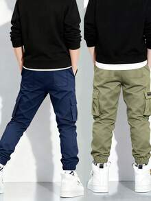 2 Stücke Modische minimalistische Cargo-Hosen mit Mehrfachtaschen für Kleine Jungen, vielseitiges sportliches Design (Tatsächliche Größe fällt klein aus, empfehlen Sie eine Nummer größer zu bestellen basierend auf dem Bild) - Verschiedenfarbig - Übersicht 2