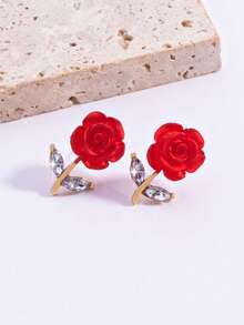一对优雅的法式浪漫玫瑰花独特魅力耳环 - 紅色 - 查看 2