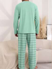 2pcs Men's Casual Sleepwear Set, Thin Round Neck Letter & Plaid Print Long Sleeve Top And Pants, Comfortable And Simple, Spring/Autumn - Multicolor - View 2