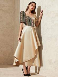 Amyenjoylife Modernes Filipiniana Kleid Elegant, Schmetterlingsärmel Filipiniana, Damen Elegantes Temperament Patchwork Ballonärmel Kurzarm Kleid, Champagner Kleid - Champagnerfarben - Übersicht 3