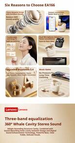 Lenovo EA166 Bluetooth 5.4 Bluetooth headset: High-quality sound, intelligent ultra-clear call noise reduction, IPX5 waterproof and sweatproof rating, ultra-low latency.