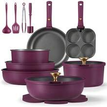 21pcs Pots And Pans Set, Nonstick Cookware Set Detachable Handle, Induction Kitchen Cookware Sets Non Stick With Removable Handle,  Cookware Set, Gold And Purple - Tia cực tím - Xem 1