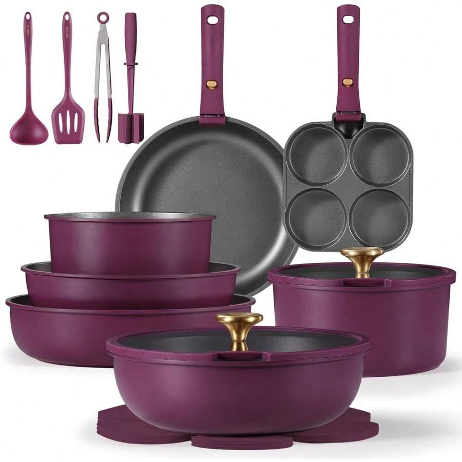 21pcs Pots And Pans Set, Nonstick Cookware Set Detachable Handle, Induction Kitchen Cookware Sets Non Stick With Removable Handle, Cookware Set, Gold And Purple - Tia cực tím - Xem 1