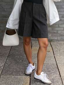 Livesso Shorts Casuais Soltos Femininos, Mistura de Lã, Casual Empresarial, Outono/Inverno - Cinza - Visão 4