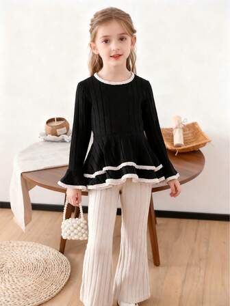 Girls Ribbed Black Round Neck Flare Sleeve Top + Flared Pants, Soft & Skin-Friendly Casual Outfit For Spring, Autumn & Winter