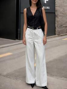 (不含腰帶) 2026 春/夏/秋 時尚極簡日常通勤街頭風黑白條紋拼色女款寬腿褲，適合秋季穿搭、外出、約會、度假、返校、畢業、街頭風、派對、萬聖節、聖誕節 - 白色 - 查看 5