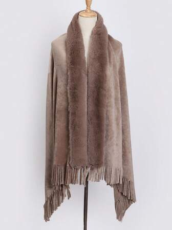 1 pieza Nuevo abrigo de invierno de moda, cálido y esponjoso, chal de unicolor, versátil y de uso diario con flecos anchos y piel amigable