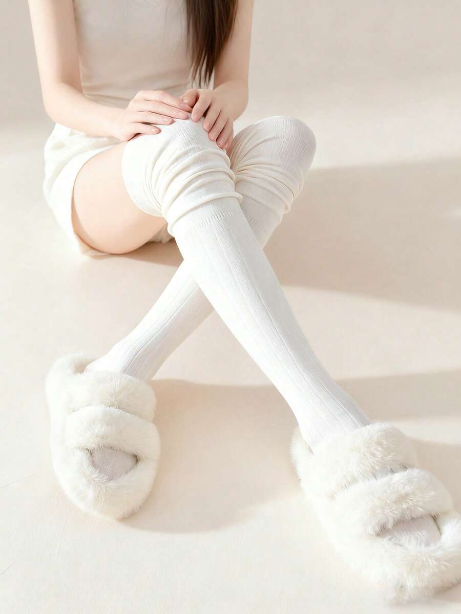 1/2/3双装女士针织过膝长袜,条纹紧身过膝长袜,保暖腿套,适合日常穿着、角色扮演 - 白色 - 查看 1