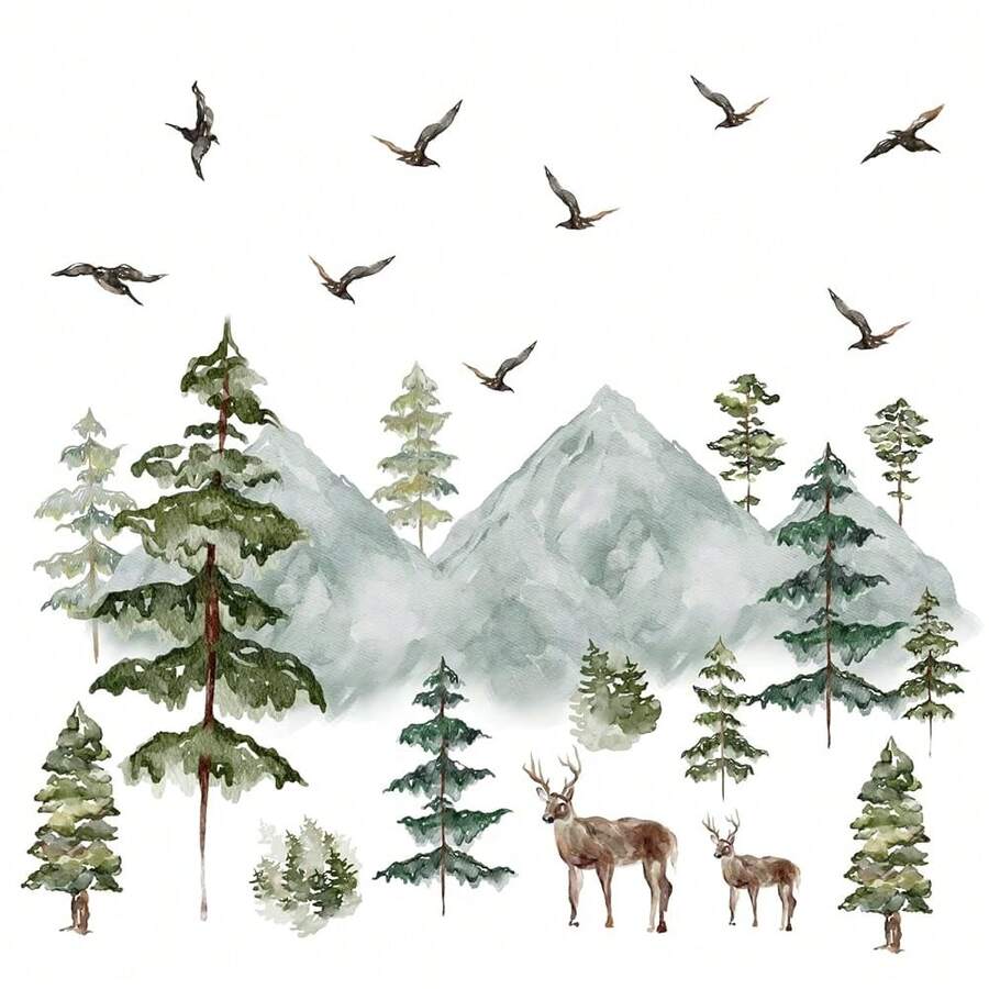 Mountain Wall Decals Large Pine Tree Wall Decals Peel And Stick Forest Tree Deer Birds Woodland Animal Decal Mountain Trees Stickers For Room Nursery Decor,WoodlandAnimal - 林地動物 - 查看 1