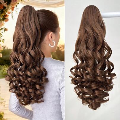 20-24 Inch Long Wavy Synthetic Hair Ponytail Extensions, Claw Clip On, Light Brown Color, Suitable For Daily Wear