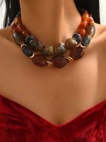 Elegant Vintage Quality Sexy Heart-Shaped Glass Inlaid Pendant With Golden Floral Pattern, Oval Resin With Asymmetrical CCB Metal Beads, Available In Bohemian, Dopamine, Brown Amber, Orange, Purple, Red Large Heart Pendant Necklaces, Asymmetrical Floral Resin Beaded Large Pendant Necklaces, High-End Women Jewelry Necklaces - Multicolor - View 15