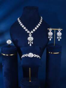 Platinum Plated Cubic Zirconia Pendant Necklace Set, Includes Necklace, Earrings, Ring, Bracelet, Suitable For Women To Wear To Parties And Daily - Silver - View 6