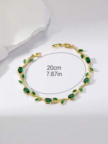 1pc Elegant Green Zirconia Leaf & Tulip Chain Bracelet, Suitable For Women's Daily, Festival, Date, Party, Wedding Accessories Or As Valentine's Day, Mother's Day Gift, Summer Holiday Accessory - Silver - View 9