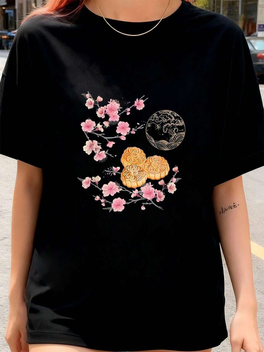 Mittleres Herbstfest Sakura Blüte Mondkuchen Festival T-Shirt Damen T-Shirt Grafik T-Shirts Crop Tops Outfits Tops T-Shirt - Schwarz - Übersicht 1