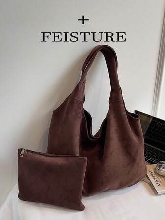 FEISTURE 2-delars set, enfärgad pendlarväska i mocka, axelväska med stor kapacitet och magnetisk stängning, lämplig för tjejer, kvinnor, högskolestudenter, unga yrkesverksamma, utmärkt för arbete, affärer, pendling, skola