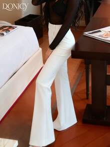 DONICY Quần tây dài ống loe màu trơn dành cho nữ mùa xuân/hè, kiểu dáng thời trang retro thanh lịch, phù hợp cho sinh hoạt hàng ngày, công sở, tiệc tùng, ngày lễ tình nhân, lễ hội. - trắng - Xem 7