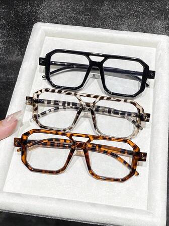 3pcs Women's New Flat Top Double Bridge Square Frame Fashion Casual Eyeglasses, Ins Street Style European And American Retro Large Frame Glasses, Square Frame Eyeglasses Frames Fashionable And Simple, Leopard Print Frame Sexy Girl Favorite Essential Fashion Item