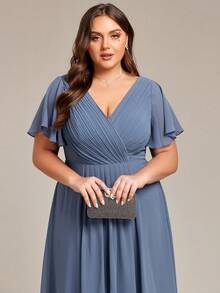 Plus Size Women's Double V-Neck Ruffle Sleeve A-Line Chiffon Mid-Length Wedding Guest Dress, Bridesmaid Dress Party Spring - Dusty Blue - View 6