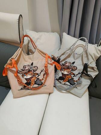 新款时尚简约学院风日系休闲可爱卡通猫刺绣大容量尼龙购物手提袋，适合日常通勤