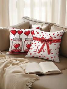 情人节四件套抱枕套 - 17.7x17.7 英寸，浪漫心形蝴蝶结设计，红白装饰抱枕套，适用于家居、办公室和客厅（不含枕芯），浪漫家居装饰|心形图案设计|拉链封口 - 紅白色 - 查看 8
