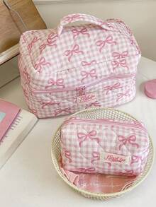 Cute Bow Pattern Make Up Bag Portable Travel Cosmetics Pouch Foam Quilted Home Items Storage Bag Large Capacity Travel Toiletry Bag Set Lovely Pink Grid Print Makeup Bags Practical Cosmetics Organizer Bag With Zipper Handheld Toiletries Bag Big Bow Print Lipstick Pouch Girls' Skincare Organizer Bag Home Decor Girly Accessories Bedroom Supplies Dorm Supplies Back To School Gifts Cosmetics Container Makeup Case Accessories Make Up Holder - Pink - View 6